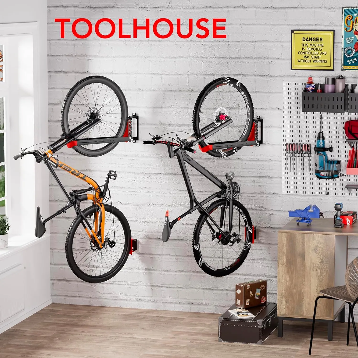 2-Pack Swivel Bike Rack Wall Mount, Bike Hangers for Garage, Space-Saving Vertical Bike Holder, Holds up to 77 lbs, Bicycle Wall Hanger Storage, No Heavy Lifting Required Indoor Hanging Bike Rack-Red
