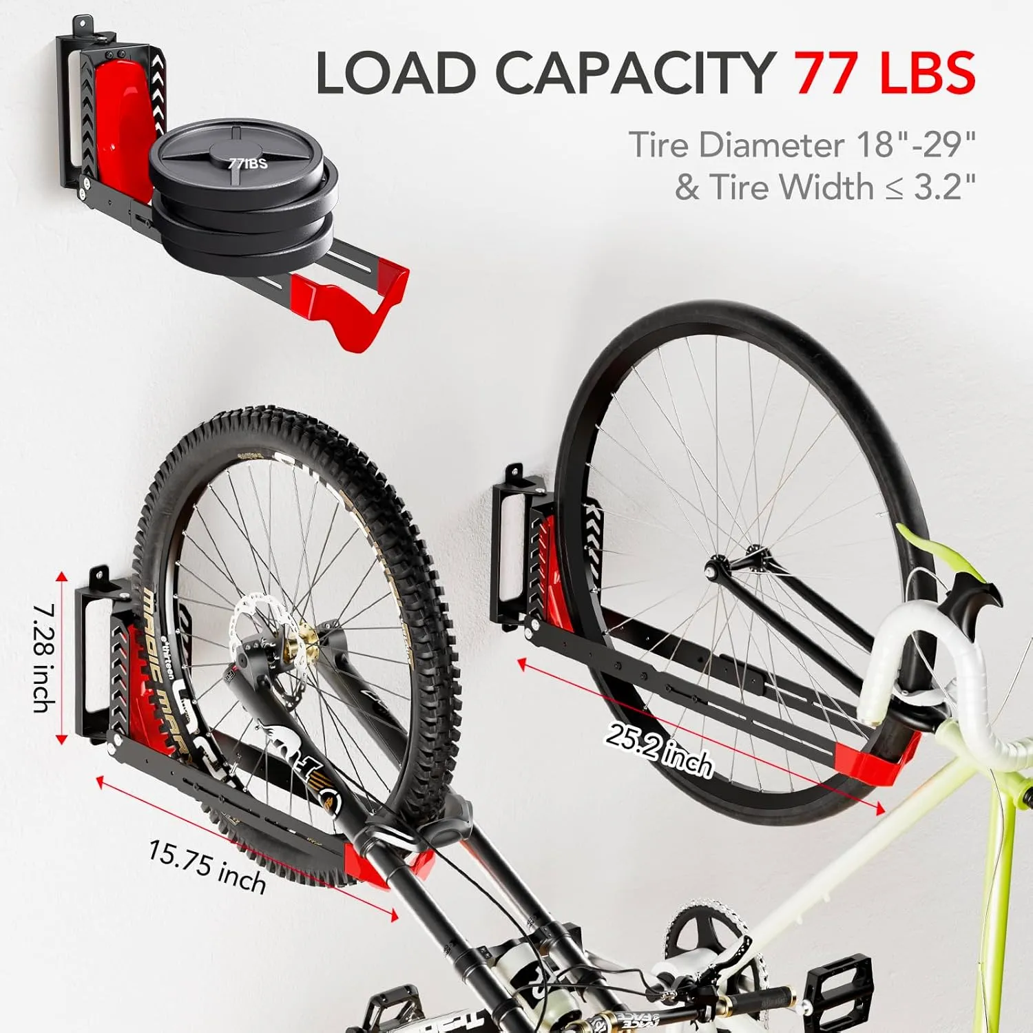 2-Pack Swivel Bike Rack Wall Mount, Bike Hangers for Garage, Space-Saving Vertical Bike Holder, Holds up to 77 lbs, Bicycle Wall Hanger Storage, No Heavy Lifting Required Indoor Hanging Bike Rack-Red