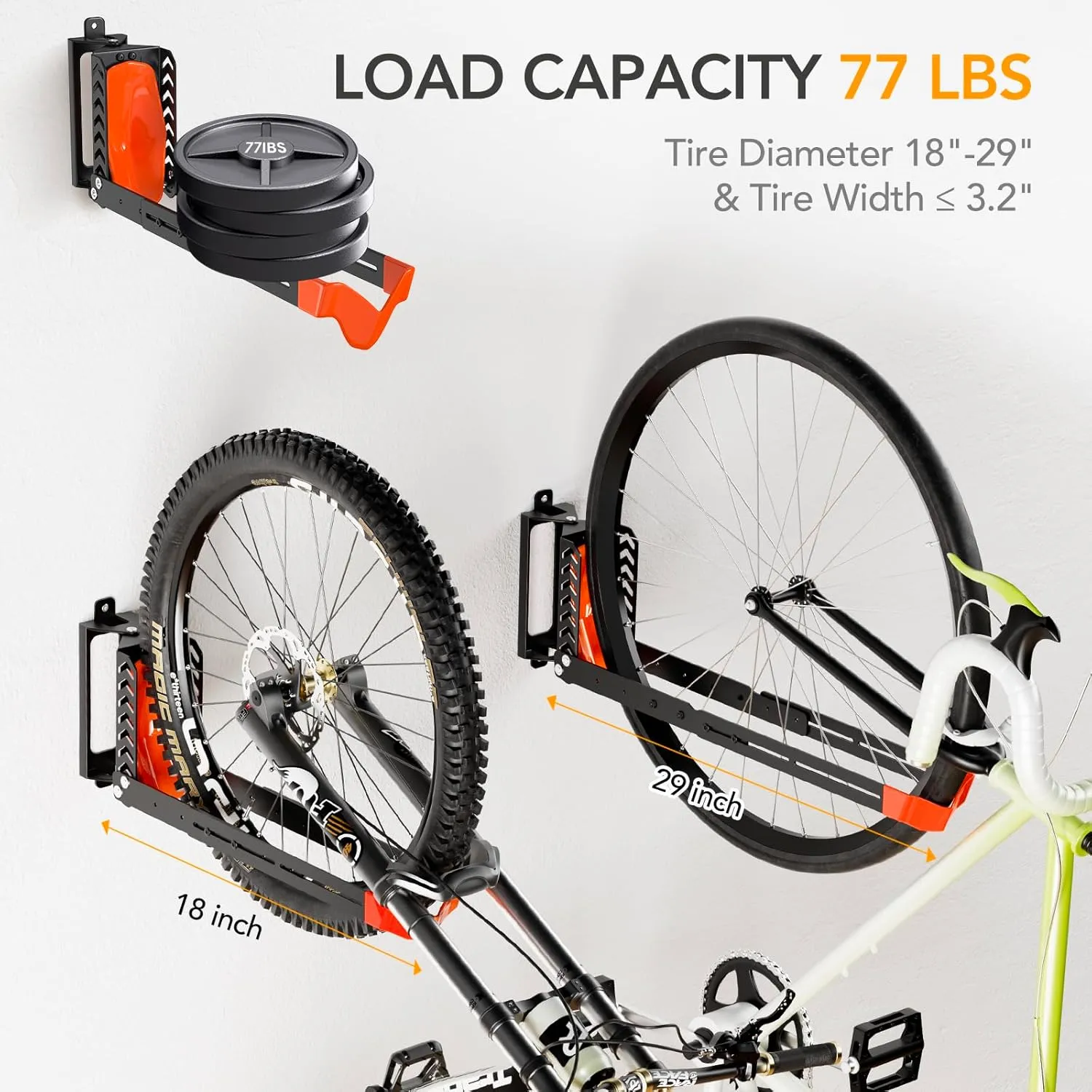 2-Pack Swivel Bike Rack Wall Mount, Bike Hangers for Garage, Space-Saving Vertical Bike Holder, Holds up to 77 lbs, Bicycle Wall Hanger Storage, No Heavy Lifting Required Indoor Hanging Bike Rack