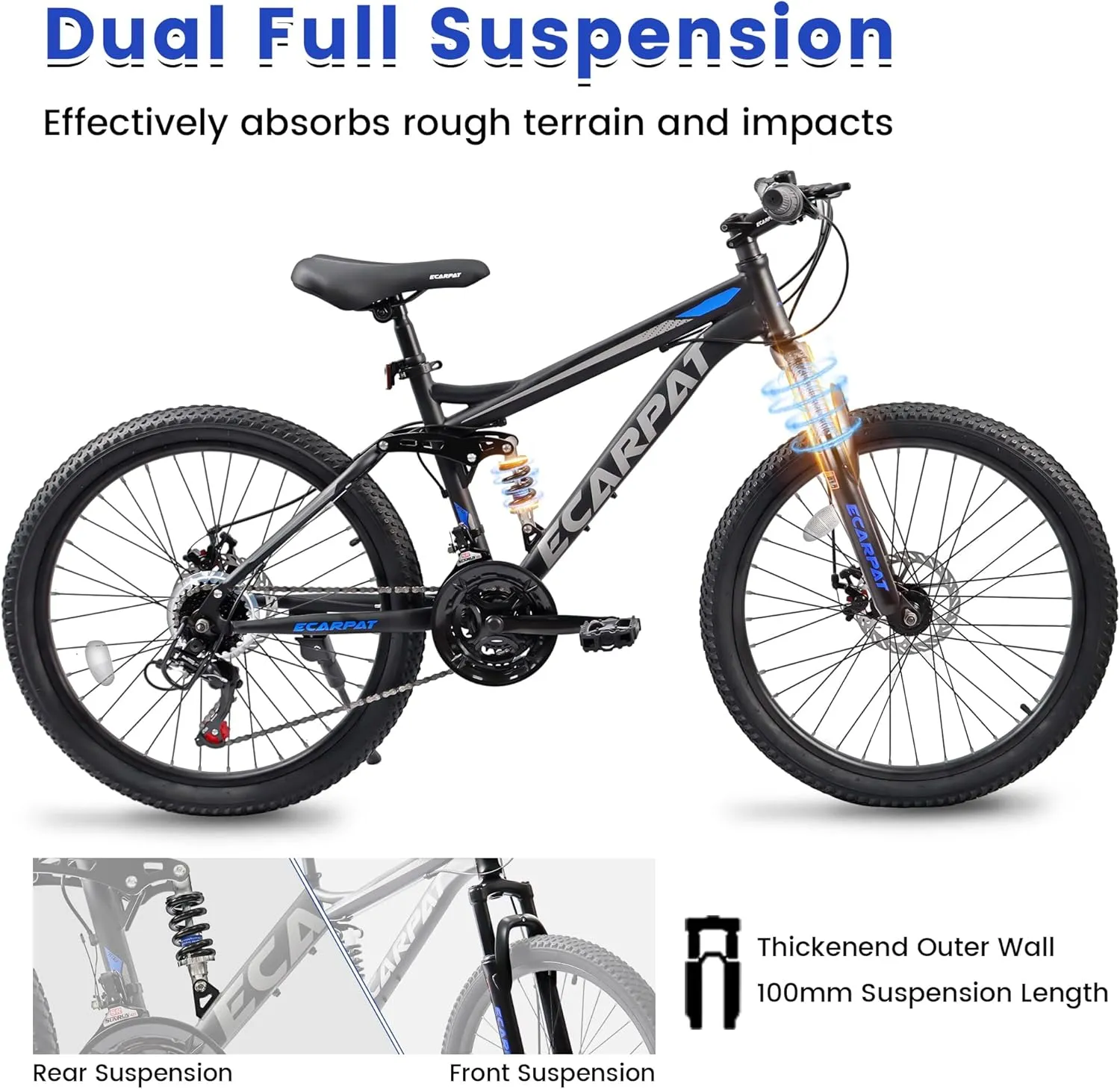 24/26/27.5 Inch Mountain Bike, Dual Full Suspension 21 Speed Womens Mens Mountain Bikes, Commuter Bike with Carbon Steel Frame and Dual Disc Brakes