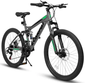 24/26/27.5 Inch Mountain Bike, Dual Full Suspension 21 Speed Womens Mens Mountain Bikes, Commuter Bike with Carbon Steel Frame and Dual Disc Brakes