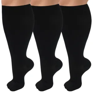 3 Pack Plus Size Copper Compression Socks for Women & Men, 20-30 mmhg Extra Wide Calf Knee High Stockings for Circulation Support Football 01-3 Pack Black XX-Large