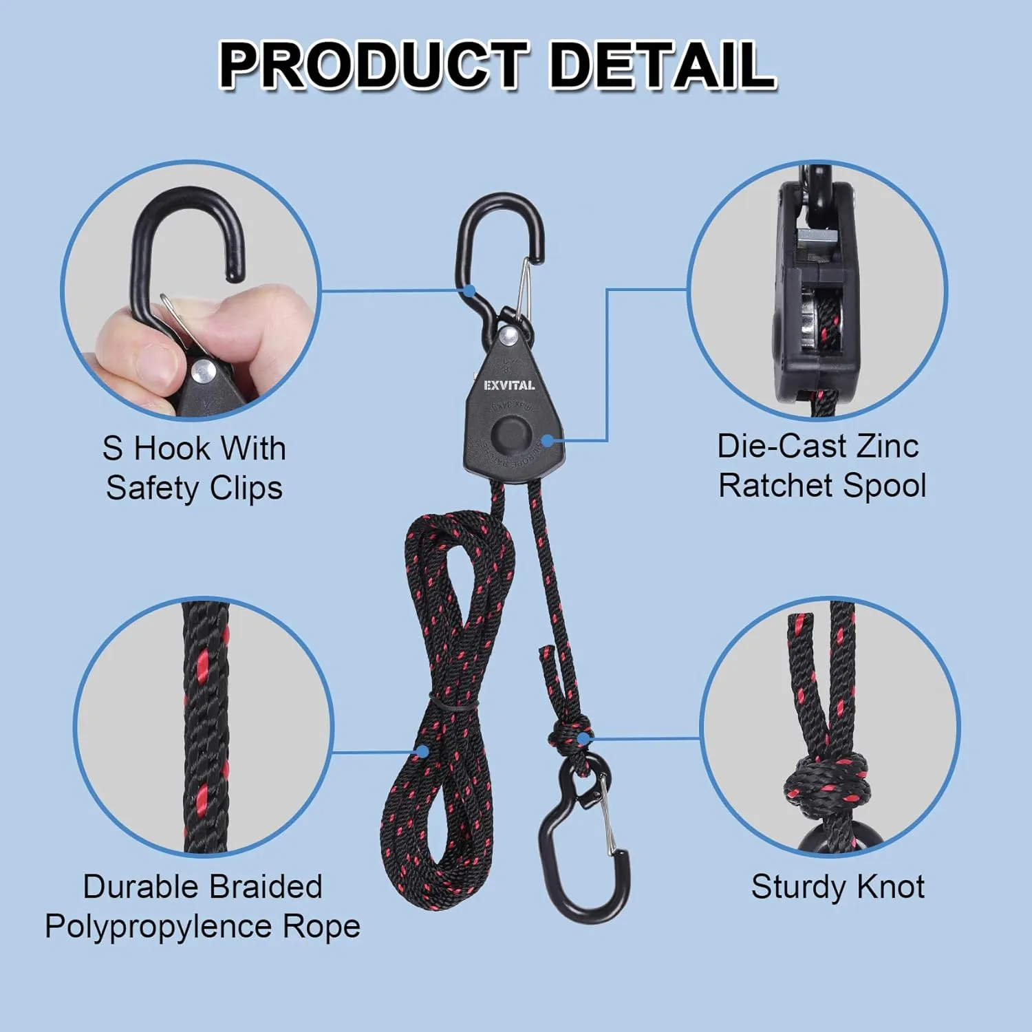 4PCS Kayak Rope Ratchet Tie Down Straps 1/8" 6' Bow and Stern Tie Down Kayak with Safety S Hooks Heavy Duty Ratchet Rope Kayak and Canoe Accessories Black