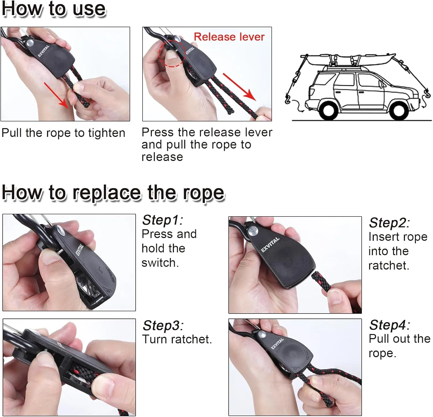 4PCS Kayak Rope Ratchet Tie Down Straps 1/8" 6' Bow and Stern Tie Down Kayak with Safety S Hooks Heavy Duty Ratchet Rope Kayak and Canoe Accessories Black