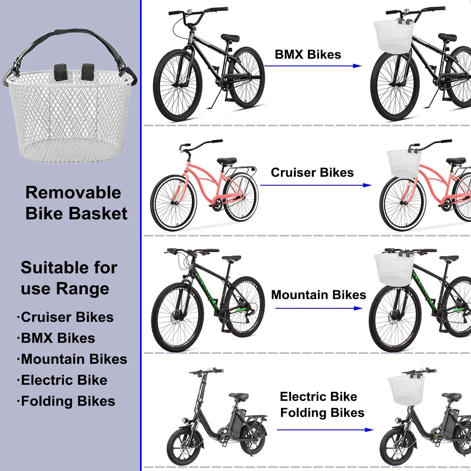 Adult Bike Basket Front, Bicycle Basket for Women, Waterproof Metal Wire Bicycle Basket with Carrying Handle, Suitable for Most Adult Bicycles, Practical Bike Accessories