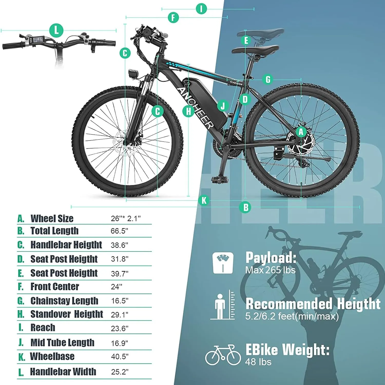 ANCHEER Electric Bike for Adults, Peak 750W Ebike, 3H Fast Charge, 55 Miles, 22MPH Electric Bicycle, 48V 499Wh Battery, 26" Gladiator Electric Mountain Bike, 21Speed, UL 2849 Certified