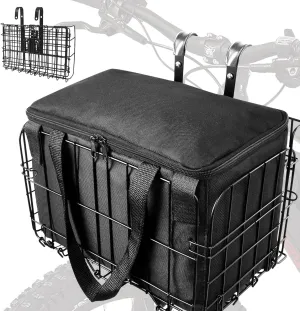Bike Basket Front Folding Bicycle Basket with Removable Liner Bag, Quick Release Design Metal Ebike Basket for Adult Women/Men Carrying Dogs, Pets, Fruit & Grocery (XL-Black)