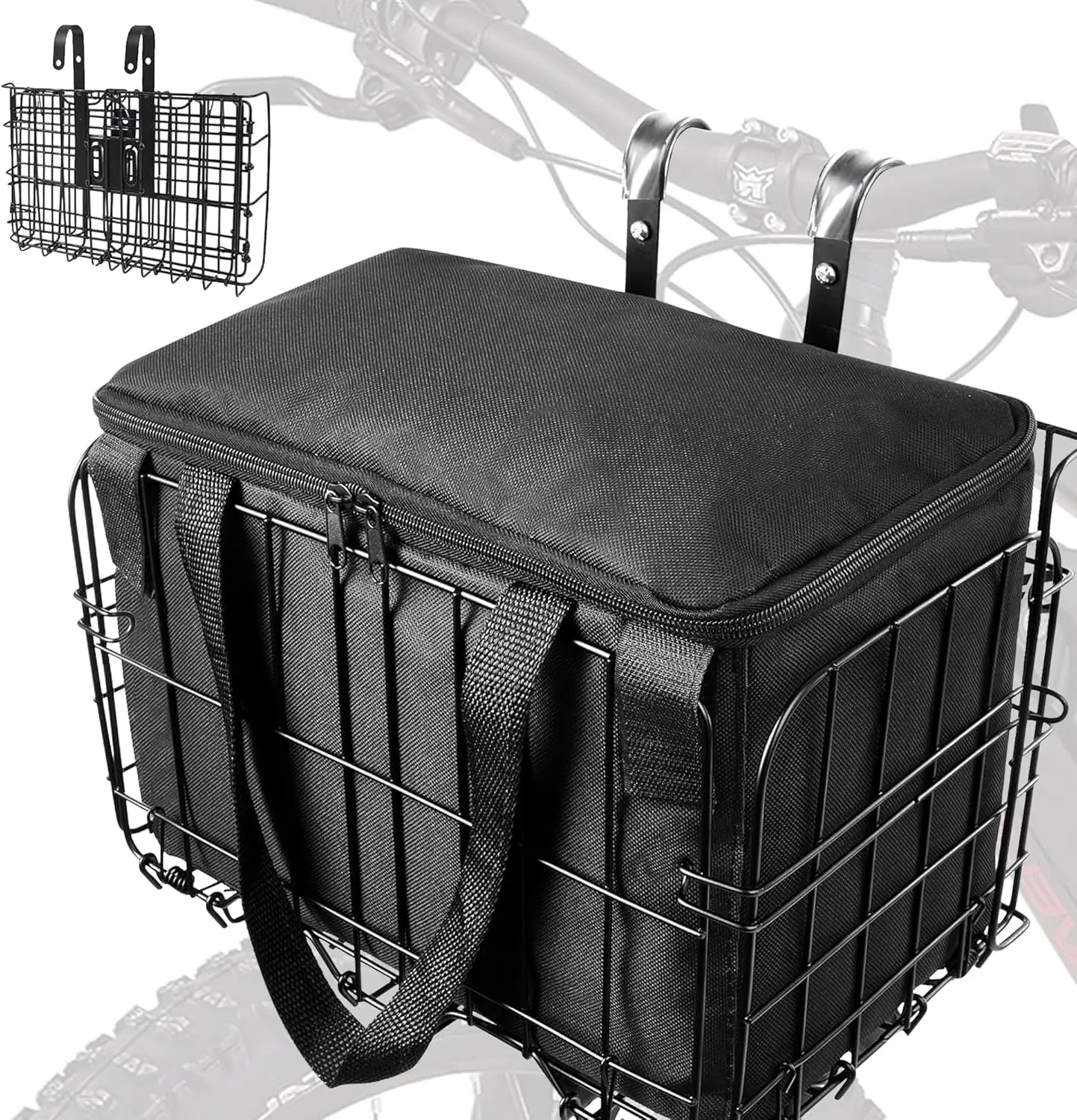 Bike Basket Front Folding Bicycle Basket with Removable Liner Bag, Quick Release Design Metal Ebike Basket for Adult Women/Men Carrying Dogs, Pets, Fruit & Grocery (XL-Black)
