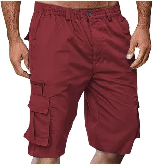Cargo Shorts for Men Casual Summer Hiking Pants Elastic Waist Knee Length Big and Tall Bermuda Short with Pockets