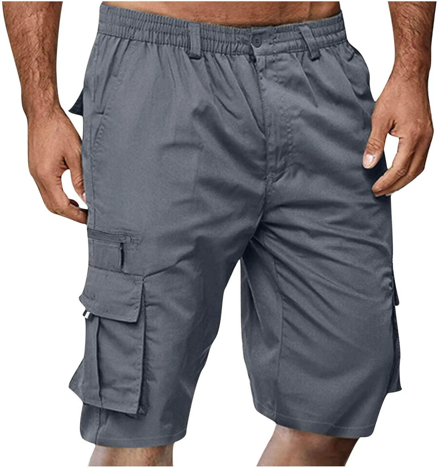 Cargo Shorts for Men Casual Summer Hiking Pants Elastic Waist Knee Length Big and Tall Bermuda Short with Pockets