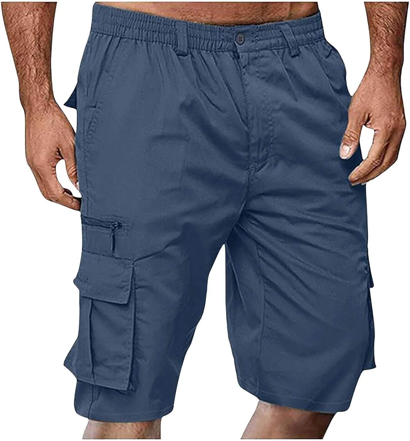 Cargo Shorts for Men Casual Summer Hiking Pants Elastic Waist Knee Length Big and Tall Bermuda Short with Pockets