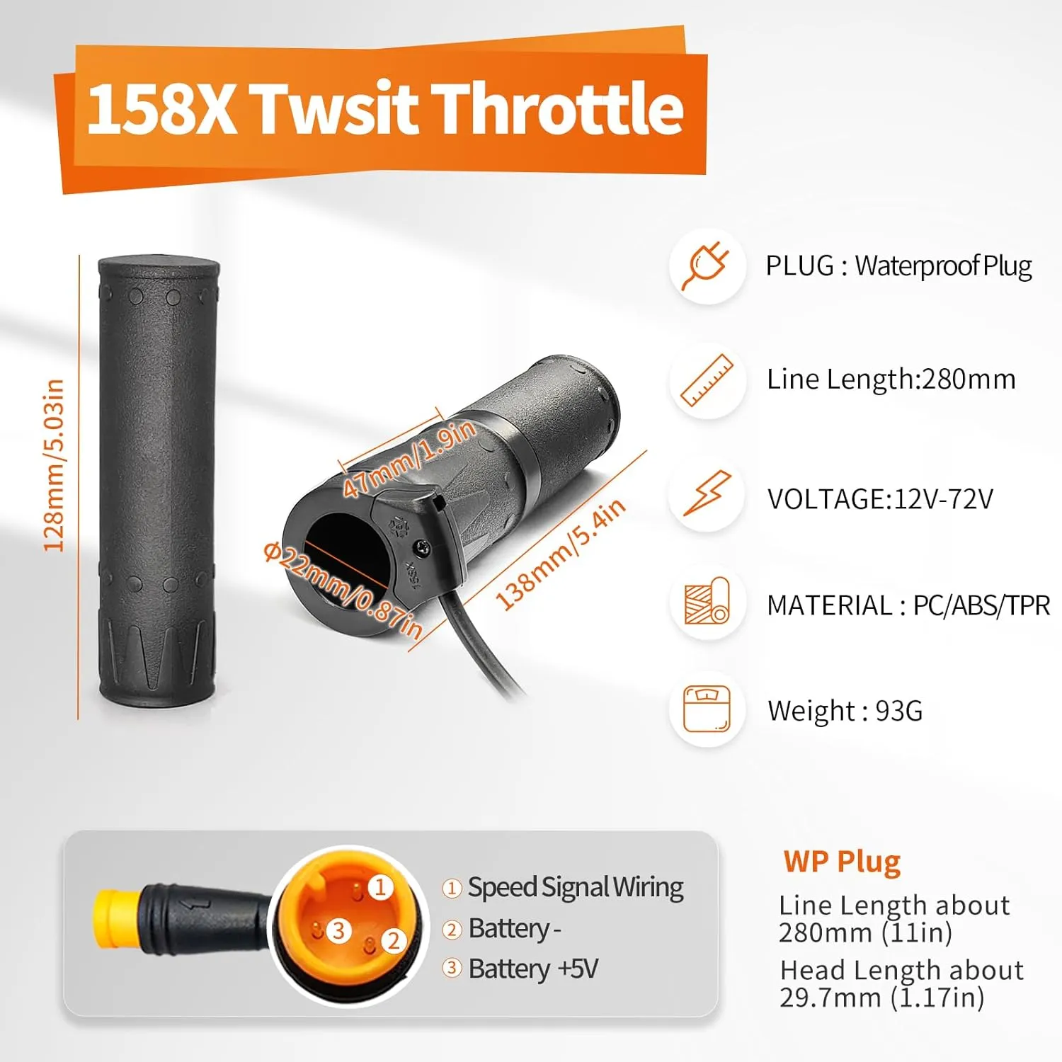 Ebike Twist Throttle WUXING 158X Right Handle Twist Throttle Electric Bicycle Scooter for 24V 36V 48V 60V 72V E Bike Conversion Parts