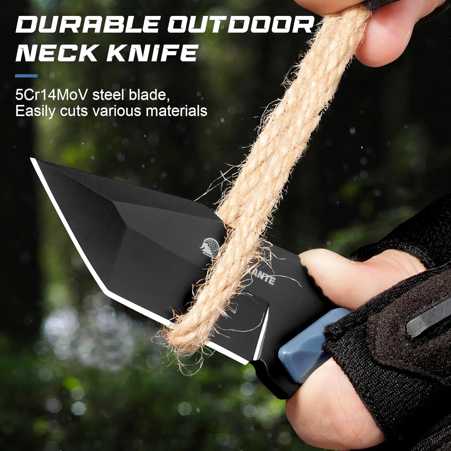 Mini Neck Knife X-TAN-K, 3.07" Full Tang Tanto Knife with 5Cr14MoV Steel Blade, Horizontal Carry for Camping & Tactical Use