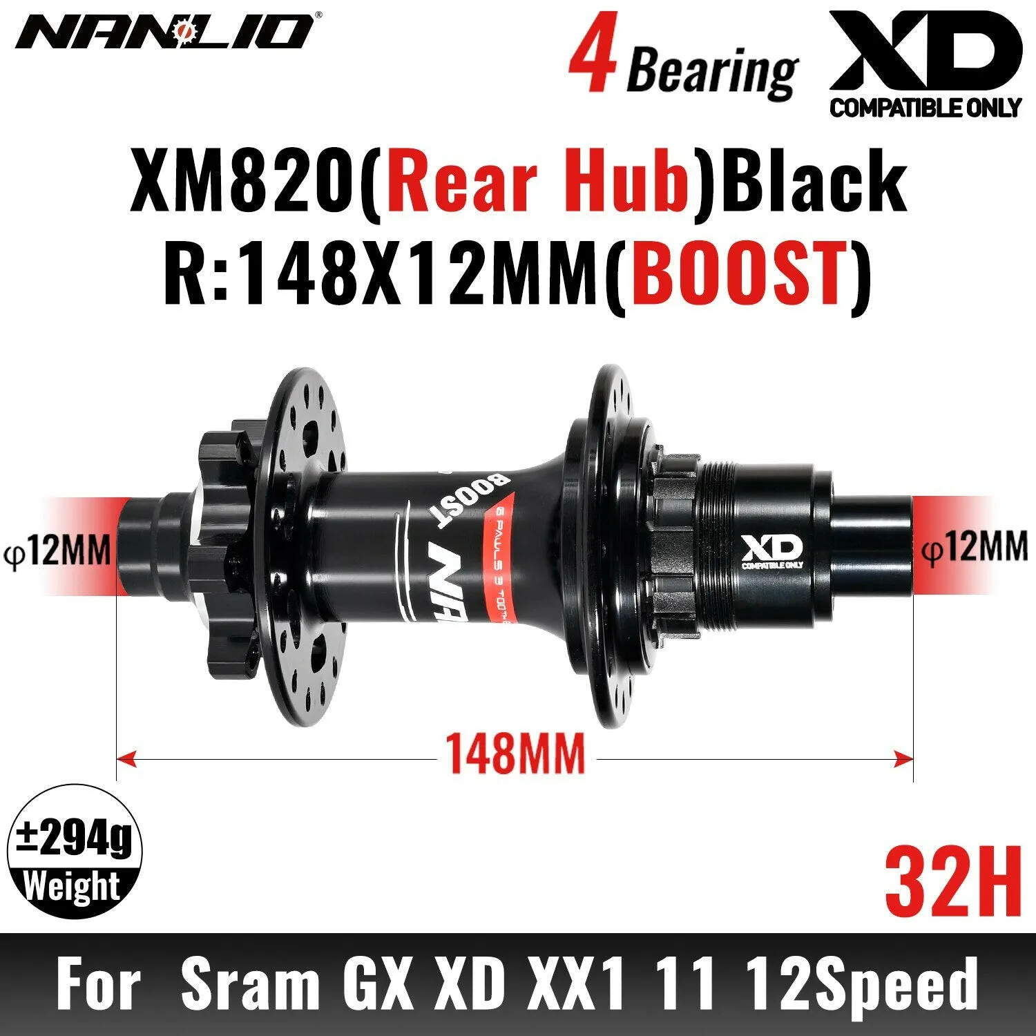 MTB Bicycle Hub Nanlio XM820 Boost Rear 12x148MM THRU TA 28H 32 Holes HG XD MS 8s 9s 10s 11s 12 Speed E-Bike Part K7 SX NX 12V