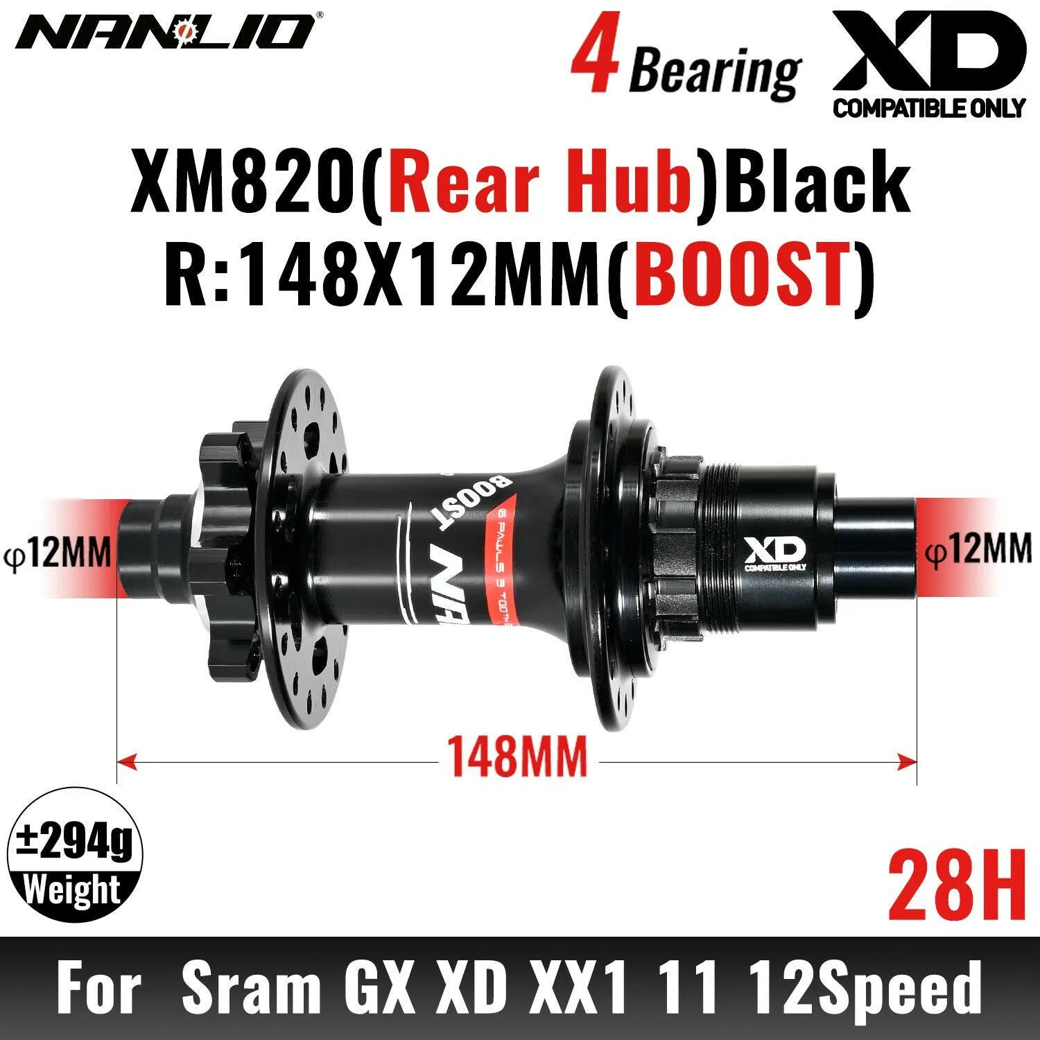 MTB Bicycle Hub Nanlio XM820 Boost Rear 12x148MM THRU TA 28H 32 Holes HG XD MS 8s 9s 10s 11s 12 Speed E-Bike Part K7 SX NX 12V