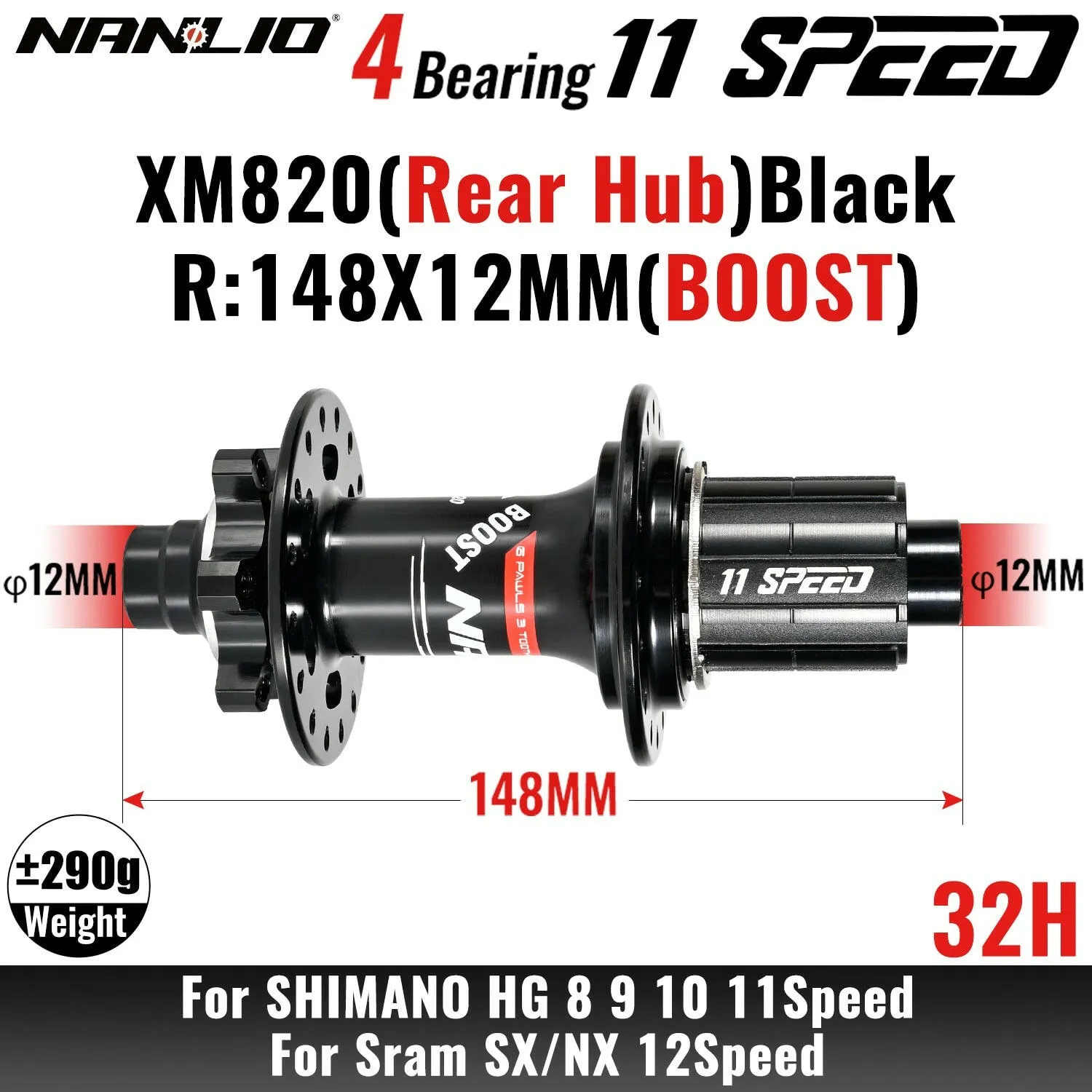 MTB Bicycle Hub Nanlio XM820 Boost Rear 12x148MM THRU TA 28H 32 Holes HG XD MS 8s 9s 10s 11s 12 Speed E-Bike Part K7 SX NX 12V