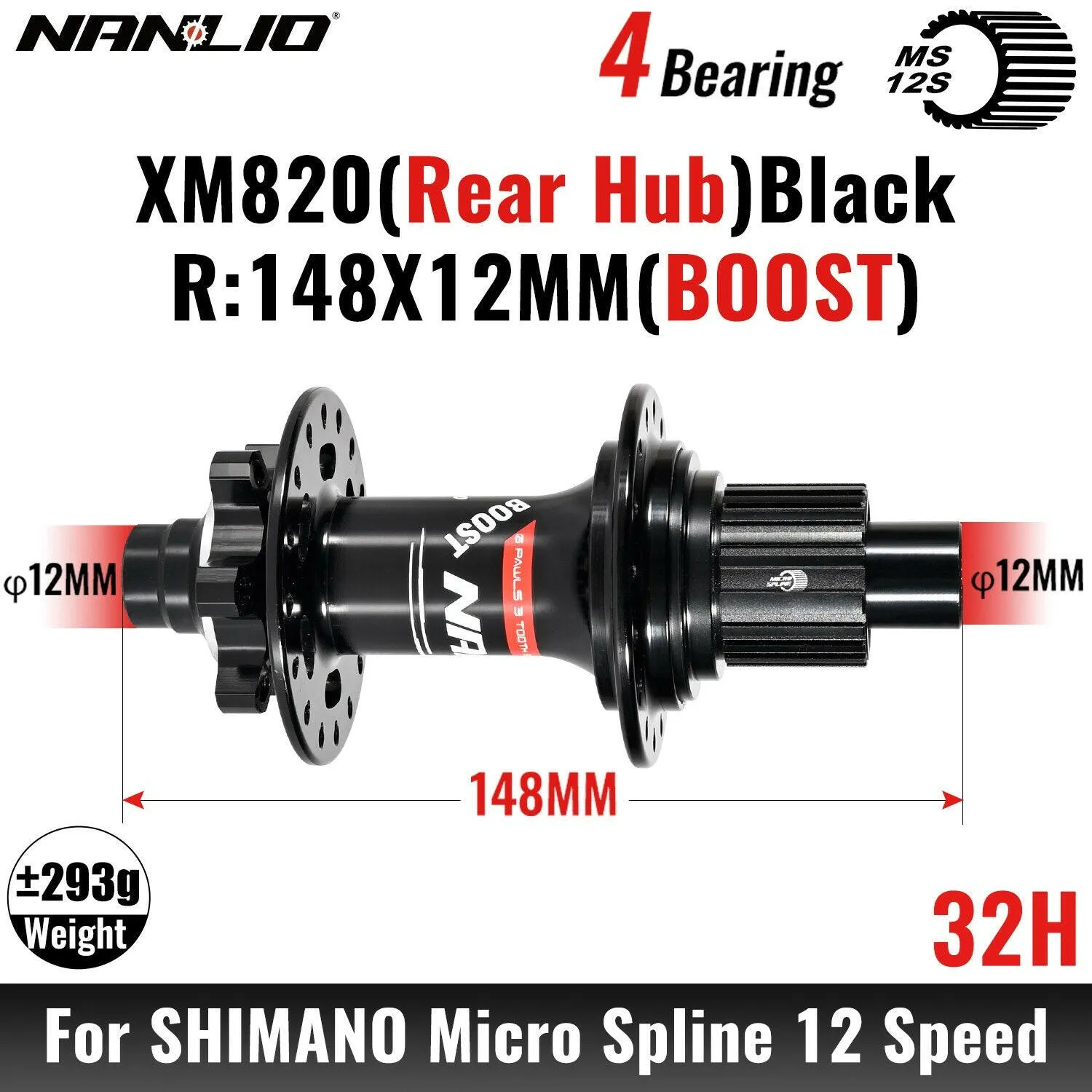 MTB Bicycle Hub Nanlio XM820 Boost Rear 12x148MM THRU TA 28H 32 Holes HG XD MS 8s 9s 10s 11s 12 Speed E-Bike Part K7 SX NX 12V