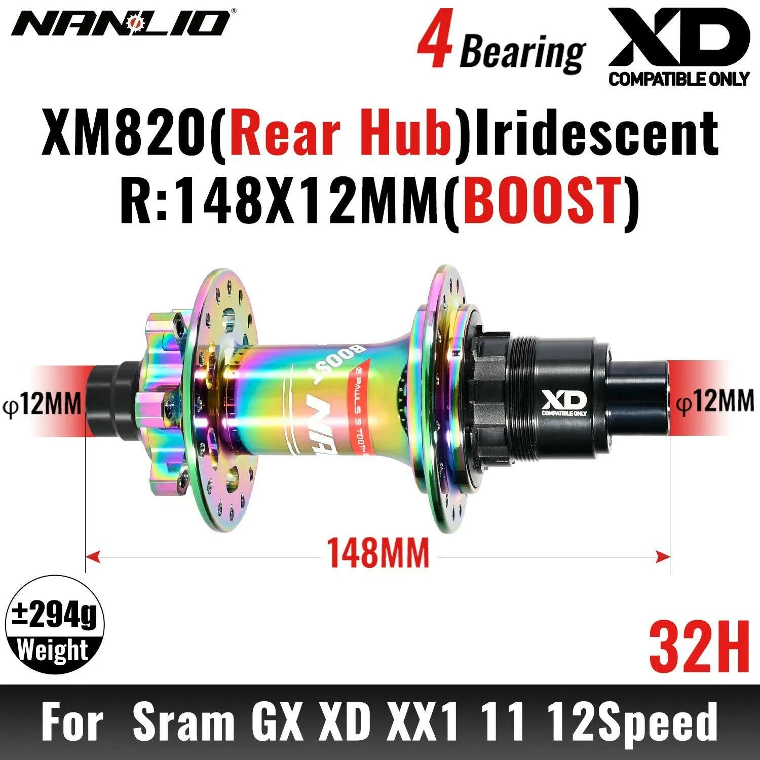 MTB Bicycle Hub Nanlio XM820 Boost Rear 12x148MM THRU TA 28H 32 Holes HG XD MS 8s 9s 10s 11s 12 Speed E-Bike Part K7 SX NX 12V