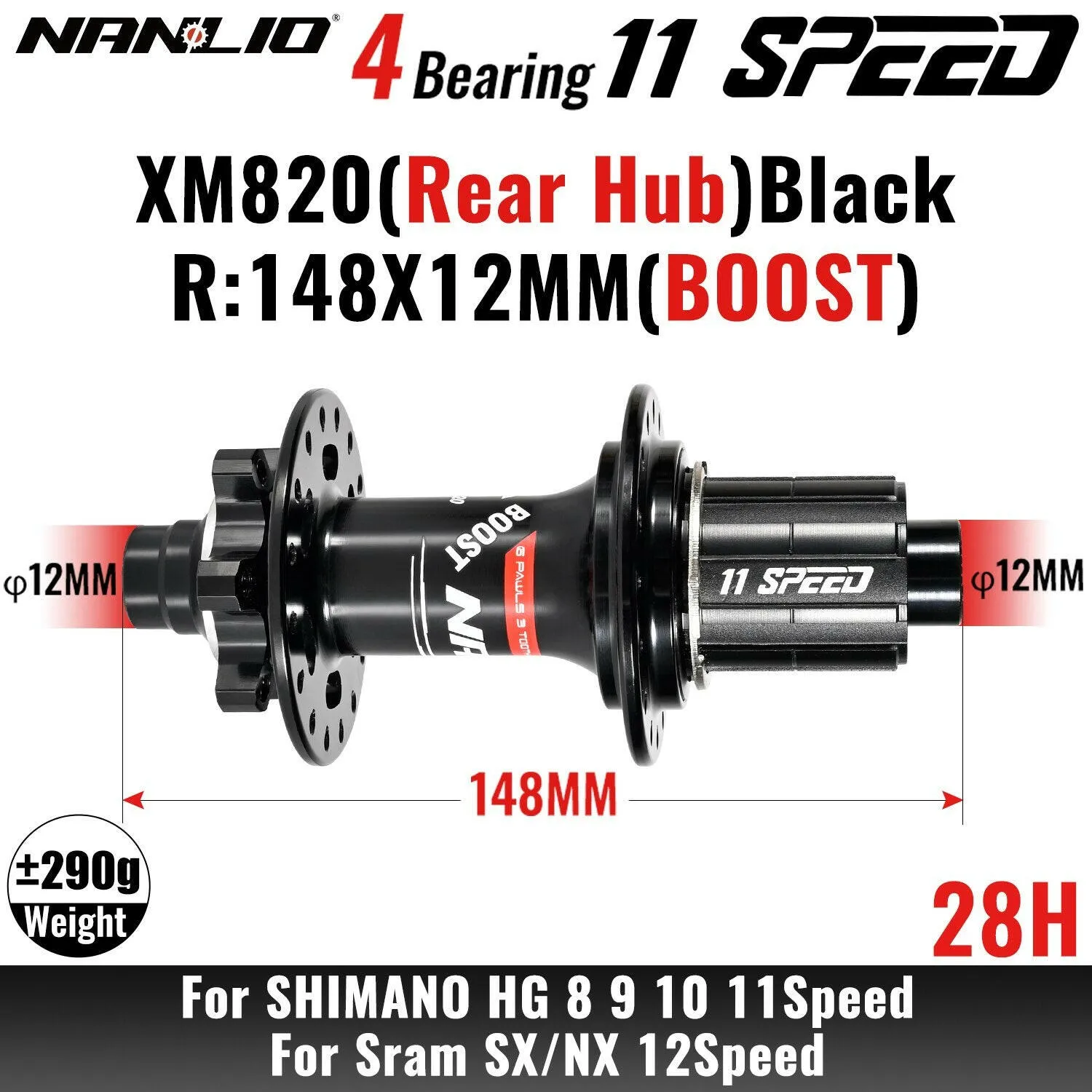 MTB Bicycle Hub Nanlio XM820 Boost Rear 12x148MM THRU TA 28H 32 Holes HG XD MS 8s 9s 10s 11s 12 Speed E-Bike Part K7 SX NX 12V