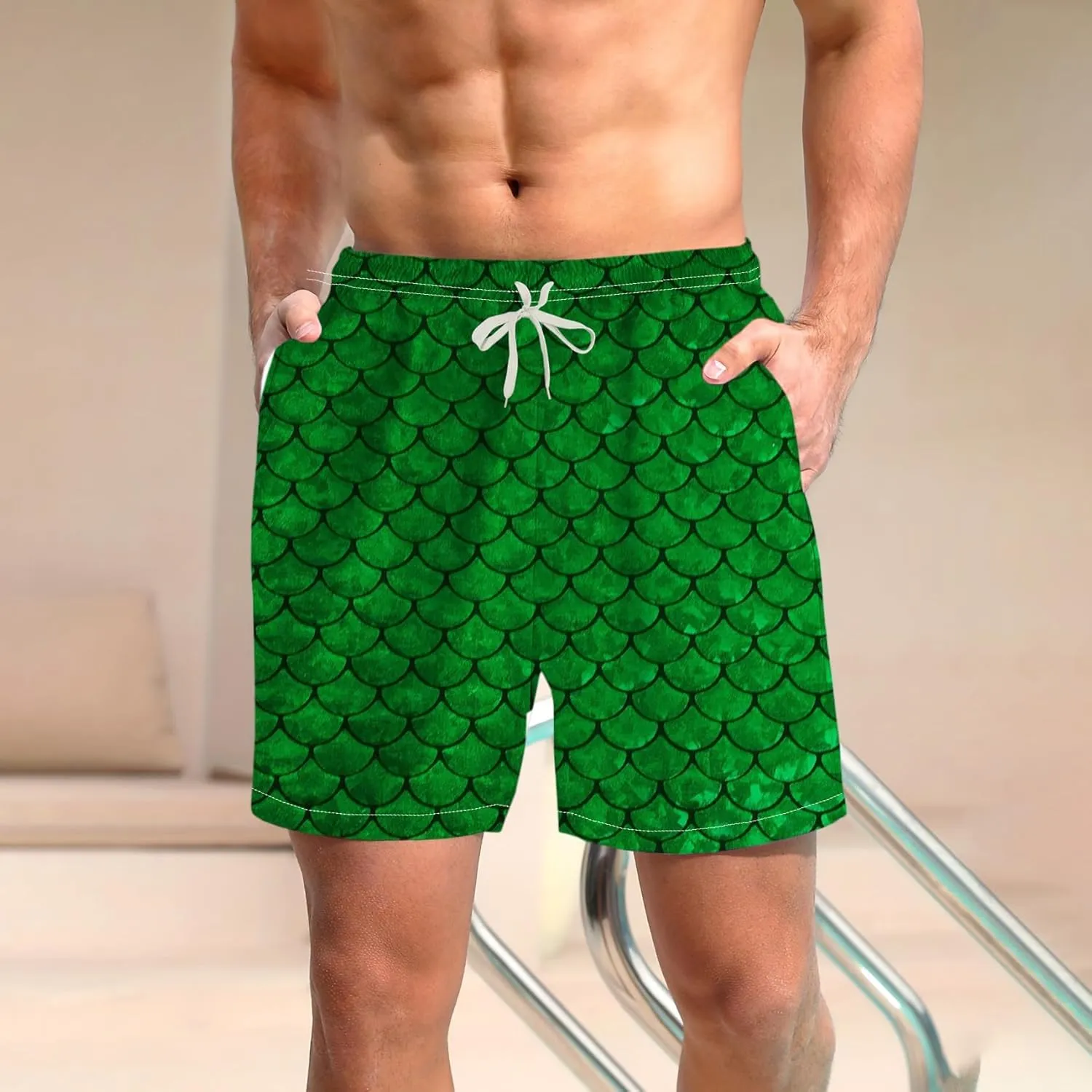 Novelty Fish Scale Board Shorts Funny Striped Graphic Beach Shorts