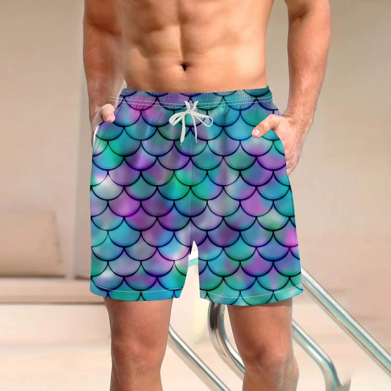 Novelty Fish Scale Board Shorts Funny Striped Graphic Beach Shorts