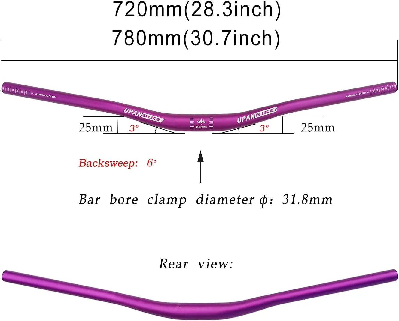 UPANBIKE Bike Handlebar 31.8mm 720mm MTB Mountain Bike Bicycle Extra Long Riser Handlebar(Purple)