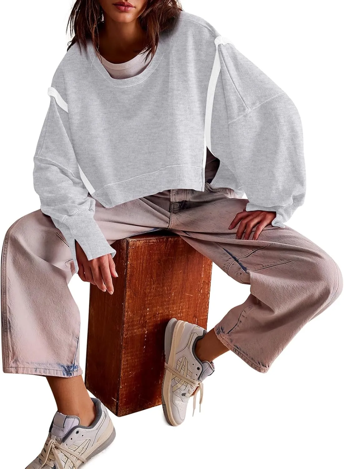 Zwurew Womens Casual Sweatshirt Long Sleeve Tops Crewneck Loose Fit Tee Pullover Crop Tshirt Side Slit Fall Fashion 2024