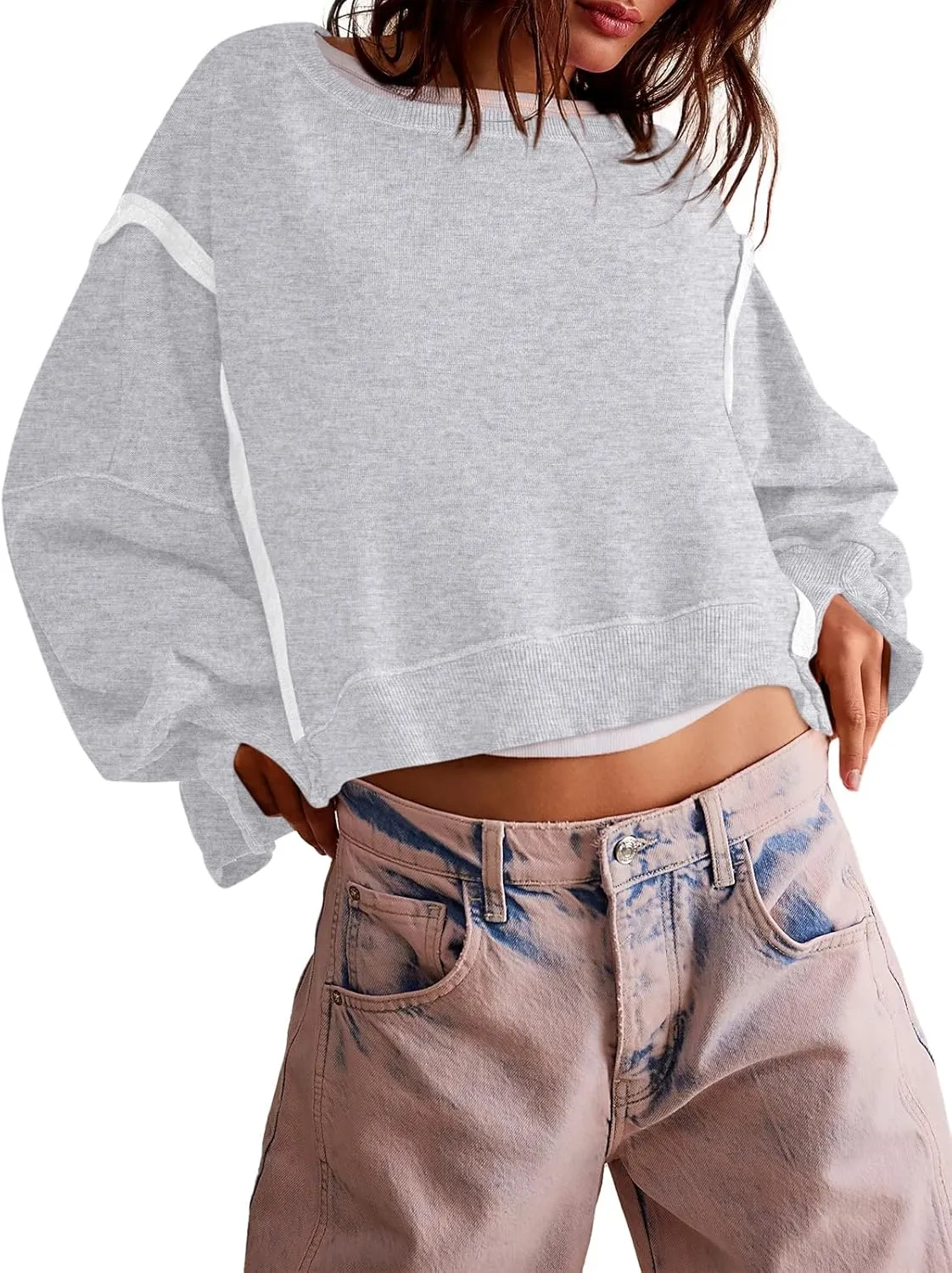 Zwurew Womens Casual Sweatshirt Long Sleeve Tops Crewneck Loose Fit Tee Pullover Crop Tshirt Side Slit Fall Fashion 2024